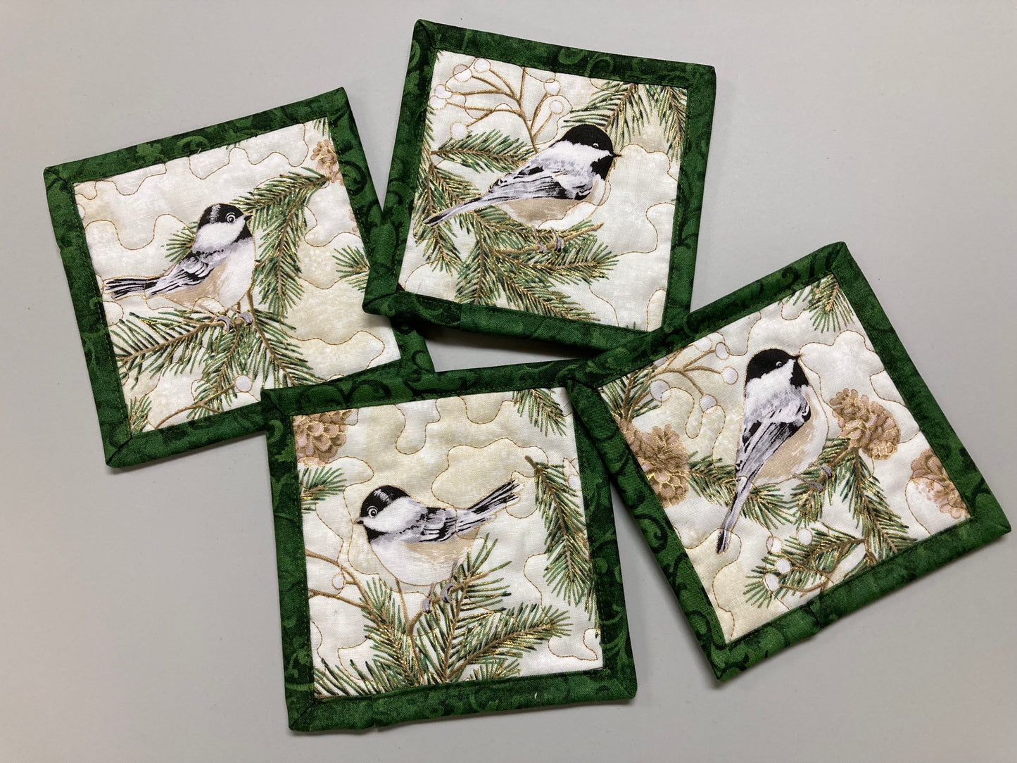 Mountain Chickadees Pine Cones Fabric Quilted Drink Coasters, 5x5", Hot Cold Coffee Tea, Lake Tahoe Everyday Woods Large Mug Rugs Snack Mats