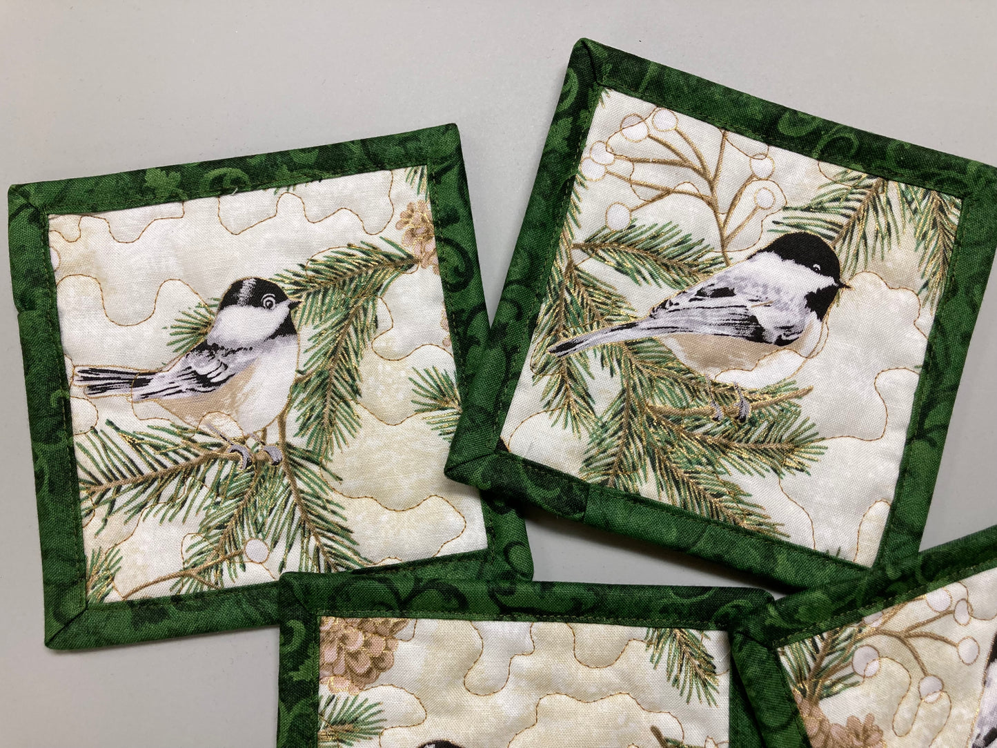 Mountain Chickadees Pine Cones Fabric Quilted Drink Coasters, 5x5", Hot Cold Coffee Tea, Lake Tahoe Everyday Woods Large Mug Rugs Snack Mats