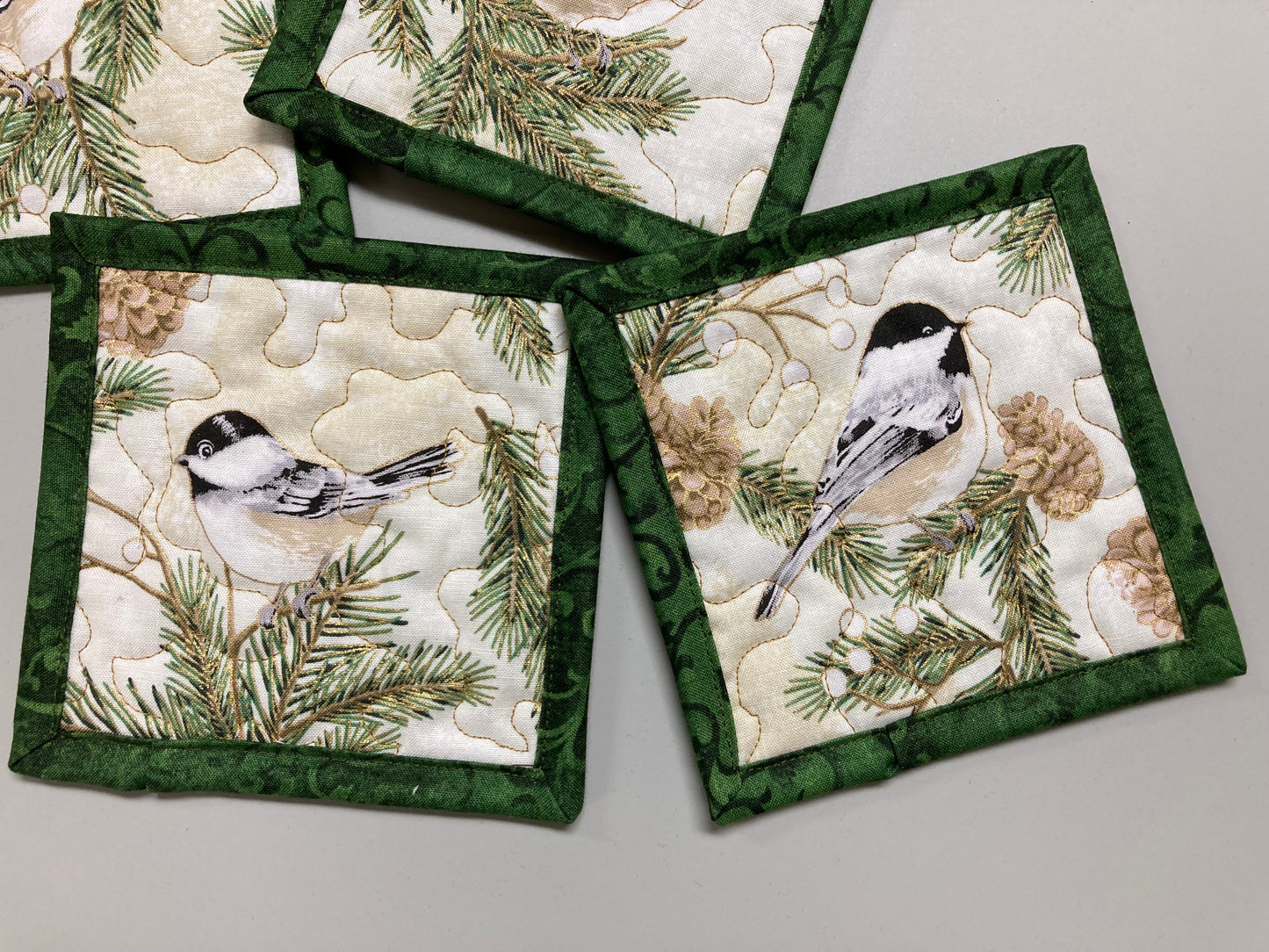 Mountain Chickadees Pine Cones Fabric Quilted Drink Coasters, 5x5", Hot Cold Coffee Tea, Lake Tahoe Everyday Woods Large Mug Rugs Snack Mats