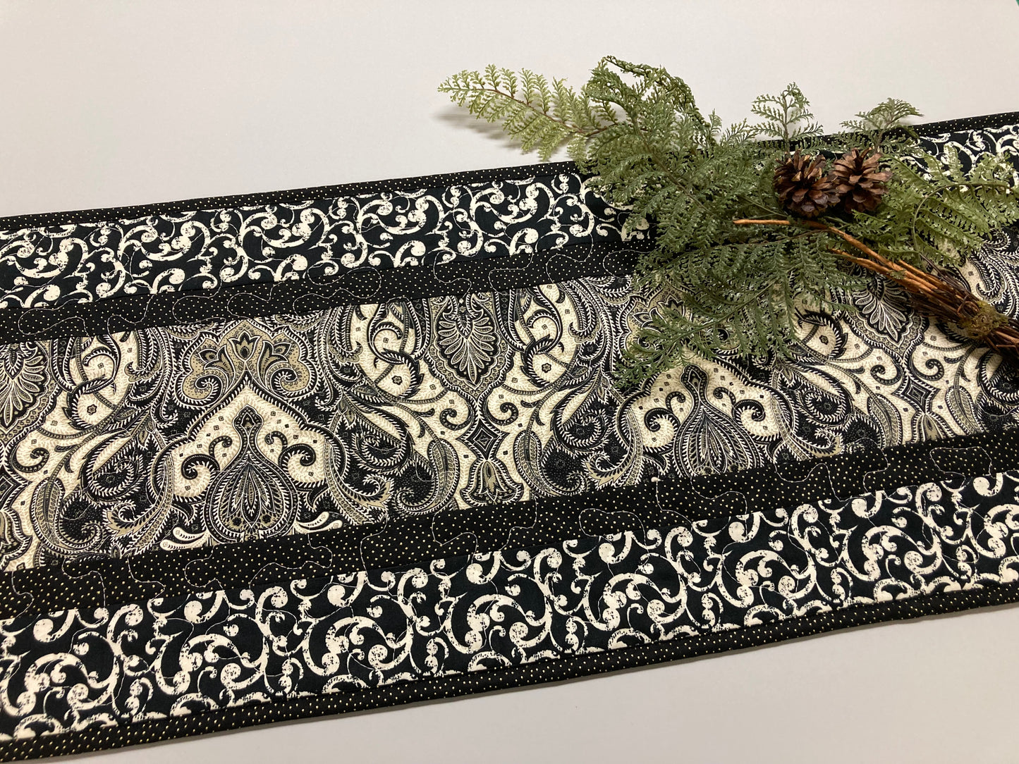 Black and White Baroque Paisley Quilted Table Runner, Dining Coffee Table 13x48" New Years 50th Wedding Anniversary Gift Reversible Handmade