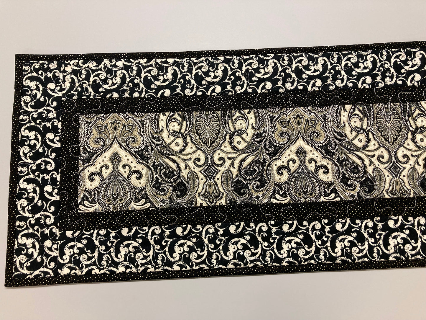 Black and White Baroque Paisley Quilted Table Runner, Dining Coffee Table 13x48" New Years 50th Wedding Anniversary Gift Reversible Handmade