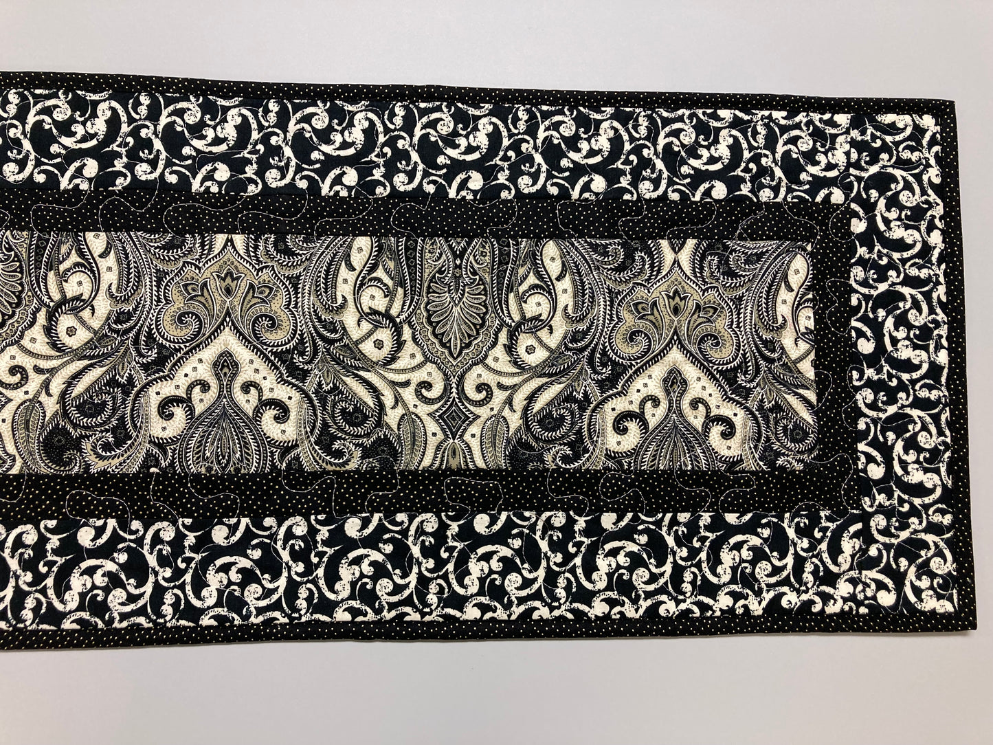 Black and White Baroque Paisley Quilted Table Runner, Dining Coffee Table 13x48" New Years 50th Wedding Anniversary Gift Reversible Handmade