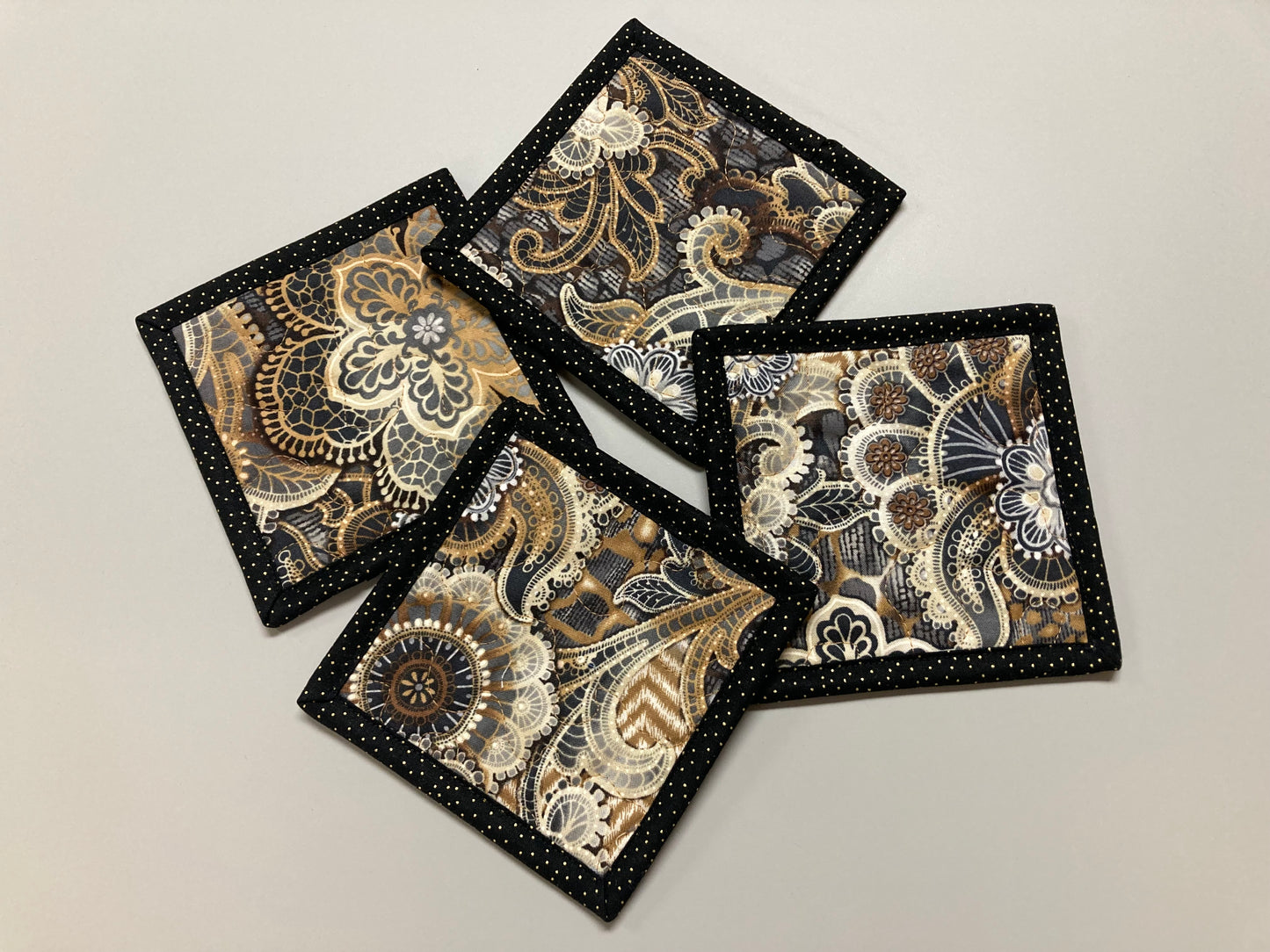 Fabric Coasters for Drinks, Mid Century Modern Black White Beige Paisley, Quilted Washable 5x5" Hot Cold Coffee Tea Snack Mats Mug Rugs Lace