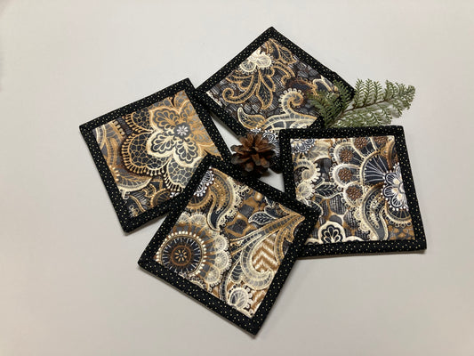 Fabric Coasters for Drinks, Mid Century Modern Black White Beige Paisley, Quilted Washable 5x5" Hot Cold Coffee Tea Snack Mats Mug Rugs Lace