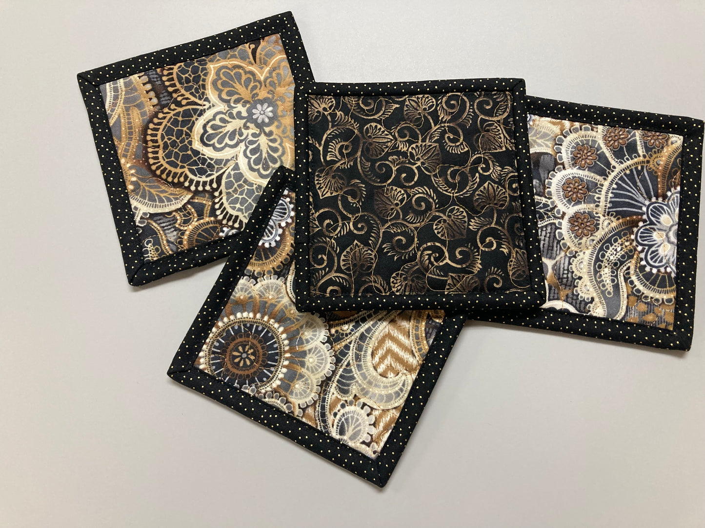 Fabric Coasters for Drinks, Mid Century Modern Black White Beige Paisley, Quilted Washable 5x5" Hot Cold Coffee Tea Snack Mats Mug Rugs Lace