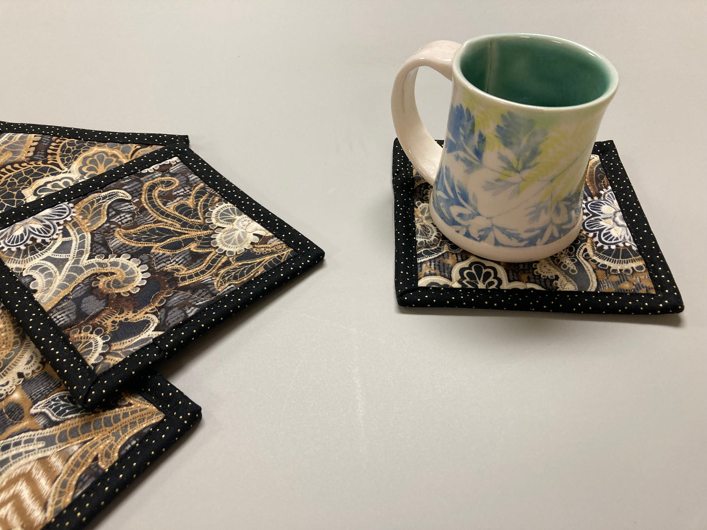 Fabric Coasters for Drinks, Mid Century Modern Black White Beige Paisley, Quilted Washable 5x5" Hot Cold Coffee Tea Snack Mats Mug Rugs Lace