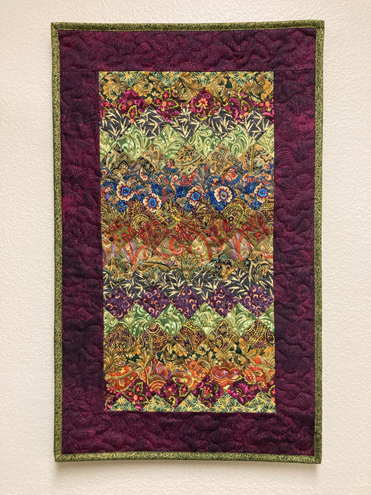 Art Quilt Plum Green Blue Bohemian Fabric Wall Hanging, Quilted 16x26" Paisley Vertical Textile Artwork, Table Runner Dresser Scarf Handmade