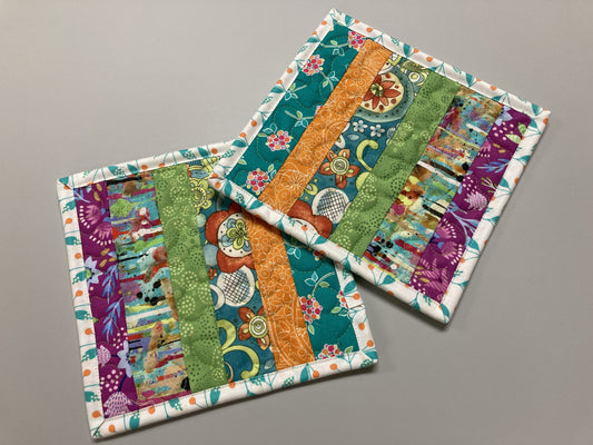 Bright Summer Mug Rug Snack Mat Blue Orange Green Set of (2) Coffee End Table, Large Coasters 7.5x7.5", Quilted Boho Colorful Handmade