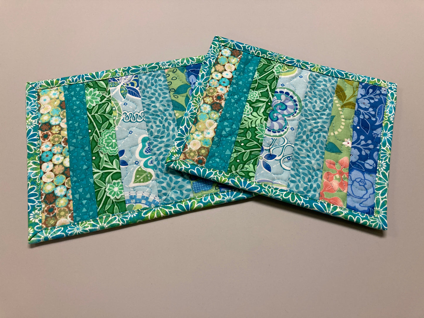 Blue Green Spring Summer Mug Rug Snack Mat Set of (2) Coffee End Table, Large Coasters 7x8.5", Quilted Boho Scrappy Bright Handmade