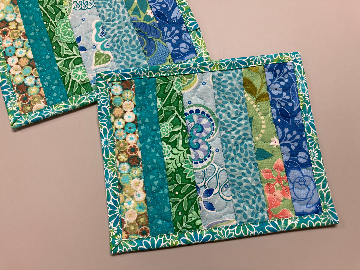 Blue Green Spring Summer Mug Rug Snack Mat Set of (2) Coffee End Table, Large Coasters 7x8.5", Quilted Boho Scrappy Bright Handmade