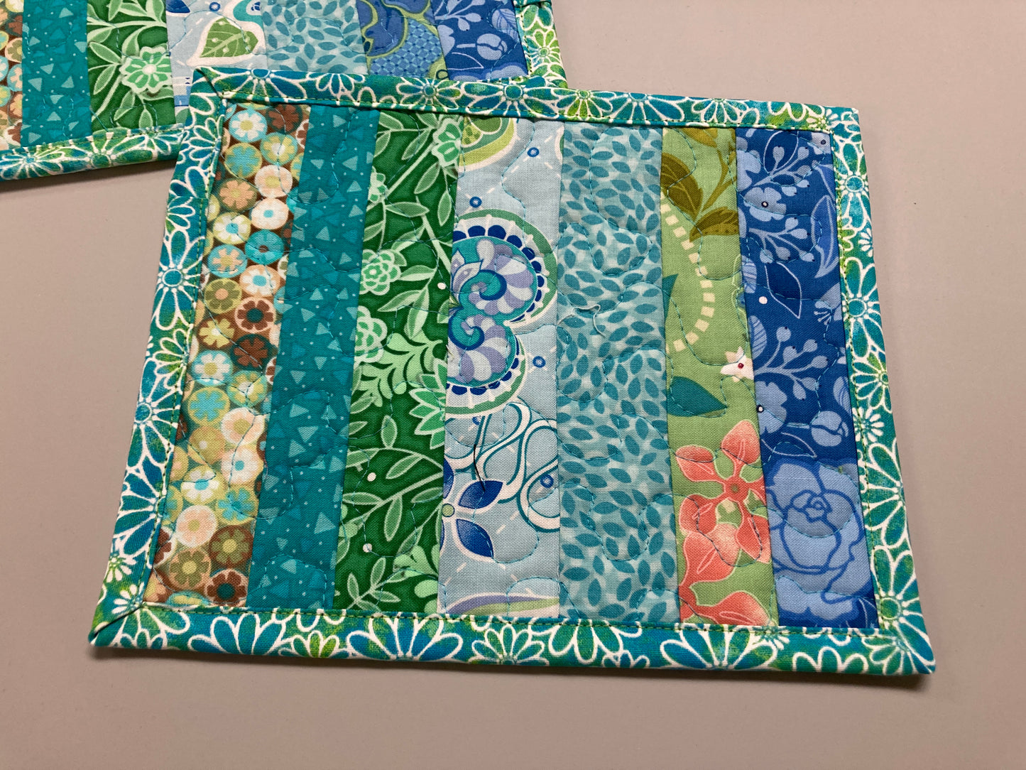 Blue Green Spring Summer Mug Rug Snack Mat Set of (2) Coffee End Table, Large Coasters 7x8.5", Quilted Boho Scrappy Bright Handmade