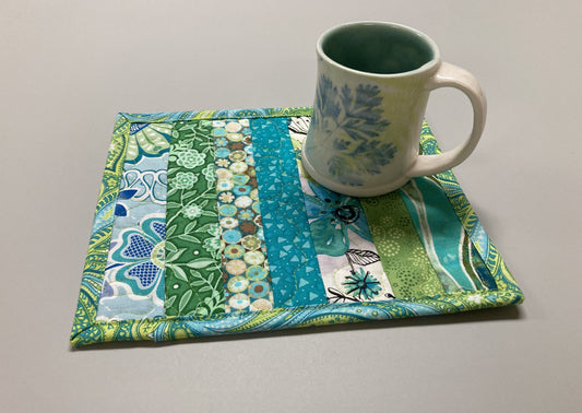 Spring Summer Green Blue Mug Rug Snack Mat, Coffee End Table, Large Coasters 7.5x9", Quilted Boho Scrappy Bright Handmade, Hostess Gift