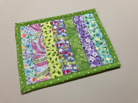 Purple Green Spring Summer Mug Rug Snack Mat Coffee End Table, Large Coasters 7x8" Quilted Boho Colorful Bright Handmade Easter Hostess Gift