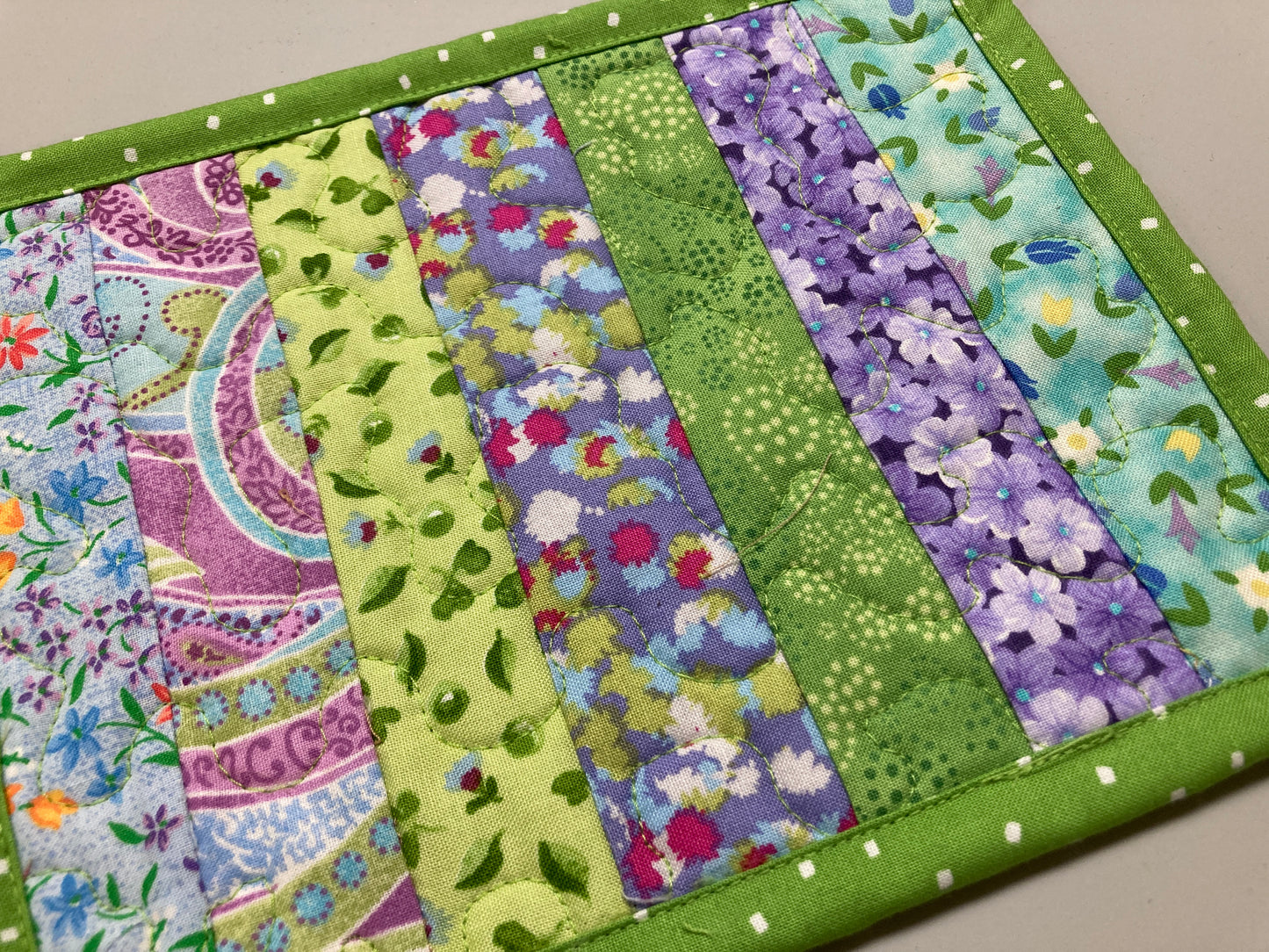 Purple Green Spring Summer Mug Rug Snack Mat Coffee End Table, Large Coasters 7x8" Quilted Boho Colorful Bright Handmade Easter Hostess Gift