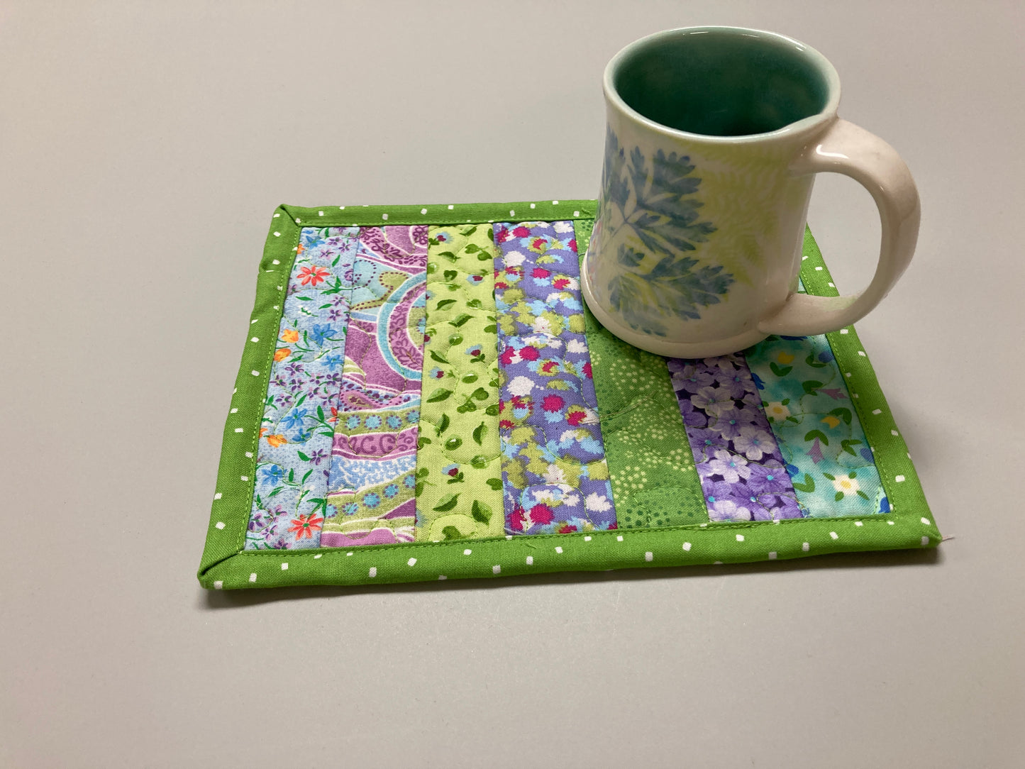 Purple Green Spring Summer Mug Rug Snack Mat Coffee End Table, Large Coasters 7x8" Quilted Boho Colorful Bright Handmade Easter Hostess Gift