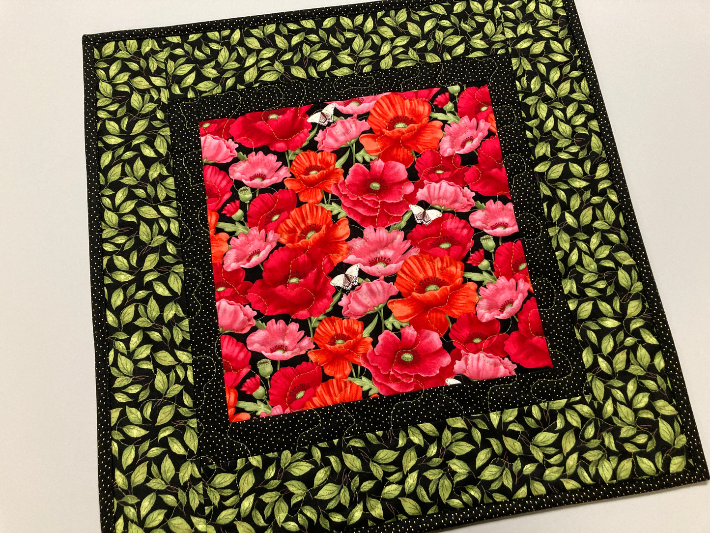 Red Poppies Green Leaves Garden Quilted Table Topper, Pink Butterflies Flowers, 18x18", Reversible Coffee Dining Table, Summer Handmade