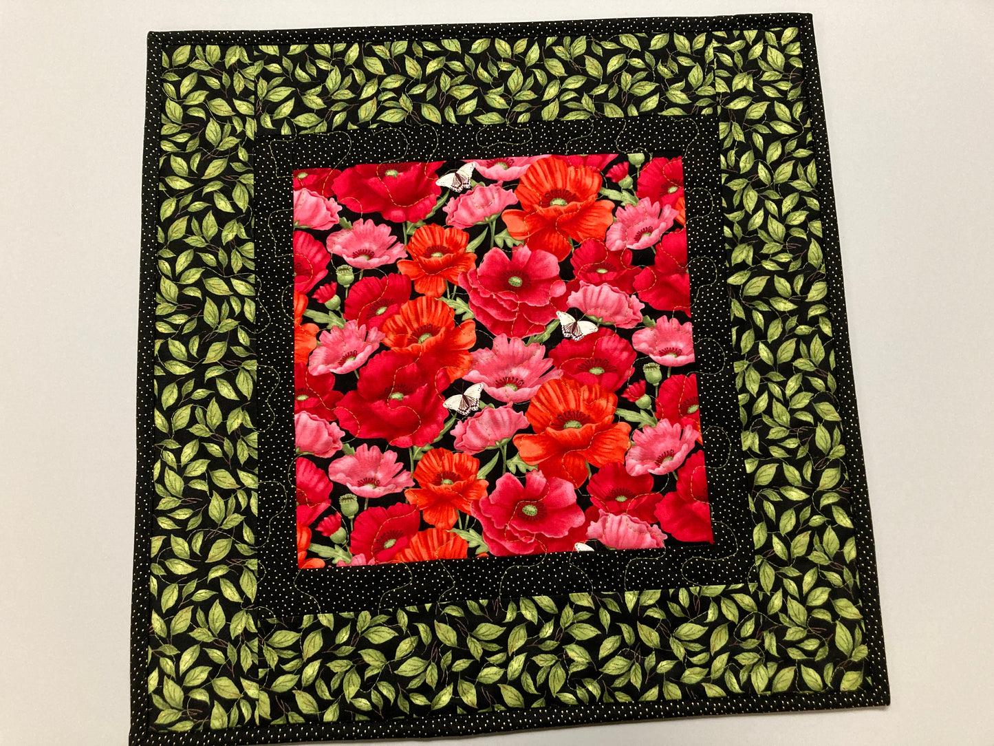 Red Poppies Green Leaves Garden Quilted Table Topper, Pink Butterflies Flowers, 18x18", Reversible Coffee Dining Table, Summer Handmade