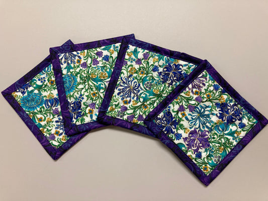 Fabric Coasters for Drinks, Blue Purple Gold Filigree Flowers, Quilted 5x5" Hot Cold Coffee Tea, Snack Mats Mug Rugs, Bright Hostess Gift