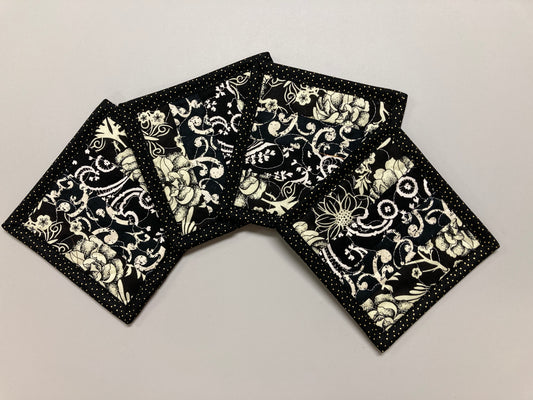 Fabric Coasters for Drinks, Modern Black White Paisley Flowers, Quilted Reversible, Snack Mats Mug Rugs, 5x5" Handmade Hot Cold Minimalist