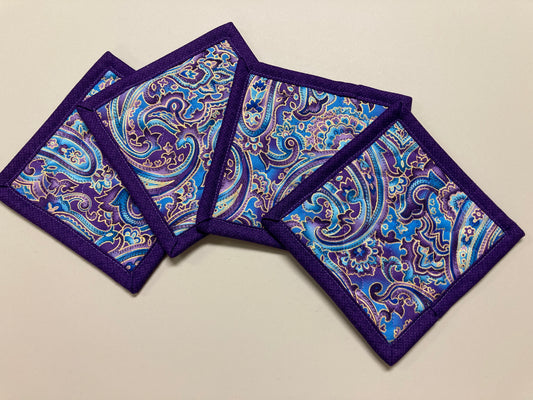 Fabric Coasters for Drinks, Purple Blue Paisley Quilted Hot Cold Coffee Tea, 5x5", Mug Rug Snack Mats Hostess Gift, Colorful Bold Bright