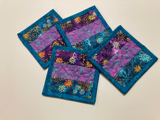 Fabric Coasters, Blue Purple Abstract, Reversible 5x5" Quilted, Hot Cold Coffee Tea Drink Mats, Hostess Book Club Bunco Gift Stocking Stuffer