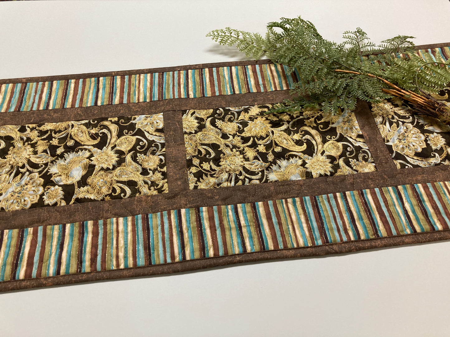 Paisley Elegant Brown Blue Green Dining Table Runner 13x50", Coffee Table Dresser Scarf, Reversible, Stripes Traditional Year Round Mat