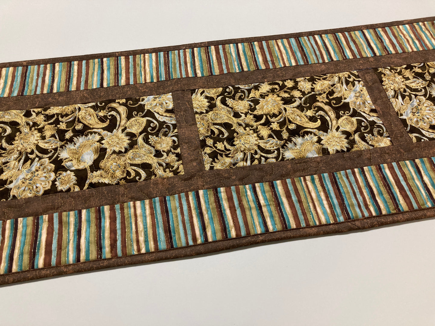 Paisley Elegant Brown Blue Green Dining Table Runner 13x50", Coffee Table Dresser Scarf, Reversible, Stripes Traditional Year Round Mat