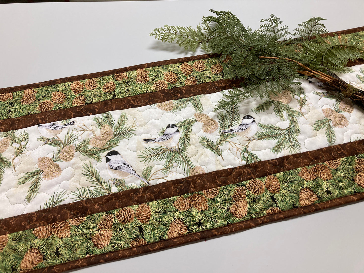 Pine Cone Mountain Chickadee Birds Quilted Table Runner, 13x48", Reversible Fall, Coffee Dining Table Decor Holly Winter Christmas Decor