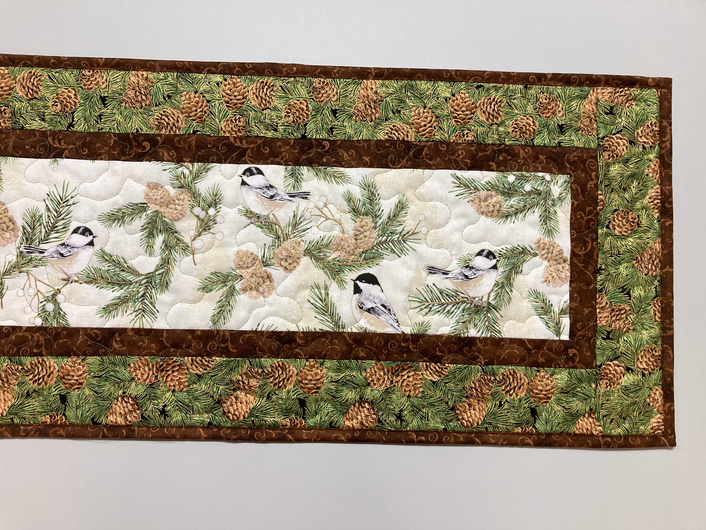 Pine Cone Mountain Chickadee Birds Quilted Table Runner, 13x48", Reversible Fall, Coffee Dining Table Decor Holly Winter Christmas Decor