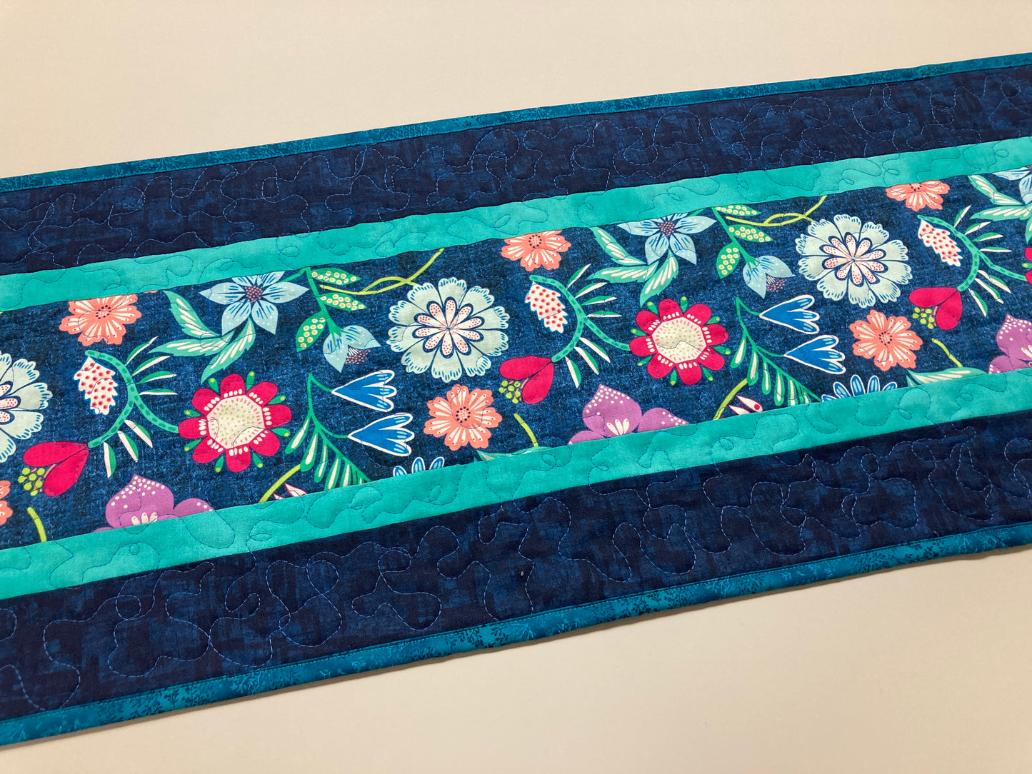 Summer Blue Pink Green Flowers Quilted Table Runner, Dining Coffee Table Mat, Reversible 13x48" Abstract Garden Bold Bright Easter Handmade