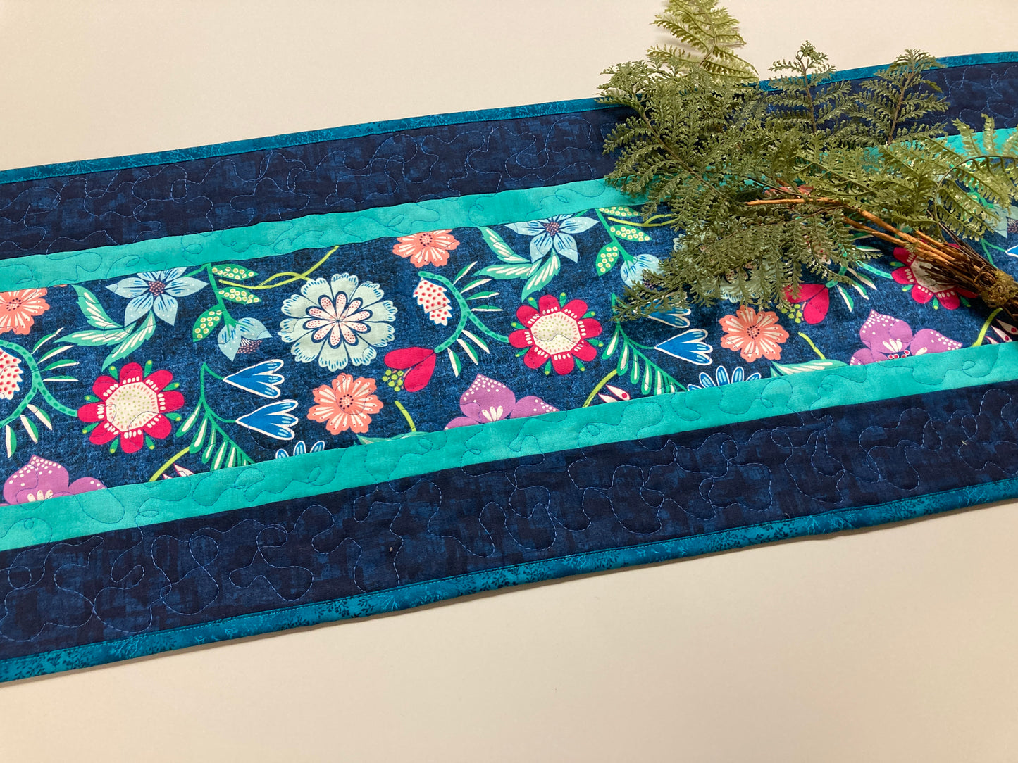 Summer Blue Pink Green Flowers Quilted Table Runner, Dining Coffee Table Mat, Reversible 13x48" Abstract Garden Bold Bright Easter Handmade