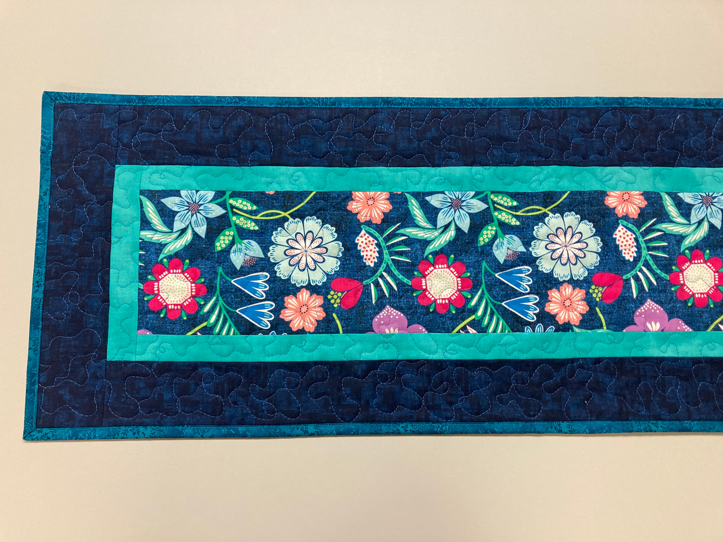 Summer Blue Pink Green Flowers Quilted Table Runner, Dining Coffee Table Mat, Reversible 13x48" Abstract Garden Bold Bright Easter Handmade