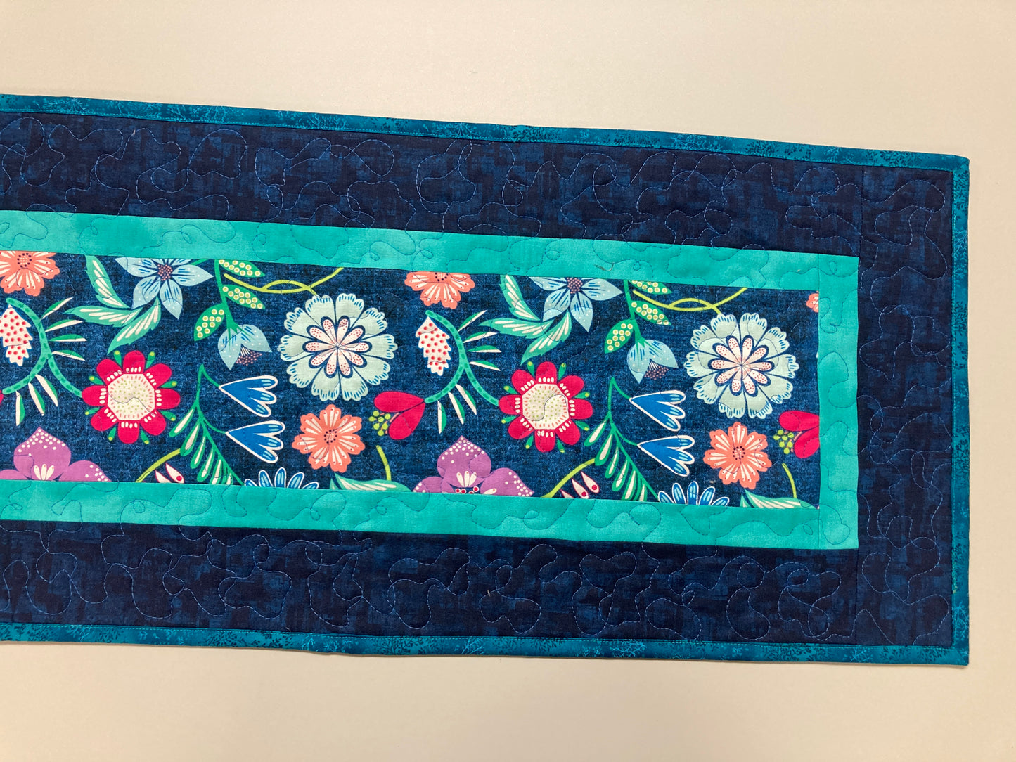 Summer Blue Pink Green Flowers Quilted Table Runner, Dining Coffee Table Mat, Reversible 13x48" Abstract Garden Bold Bright Easter Handmade