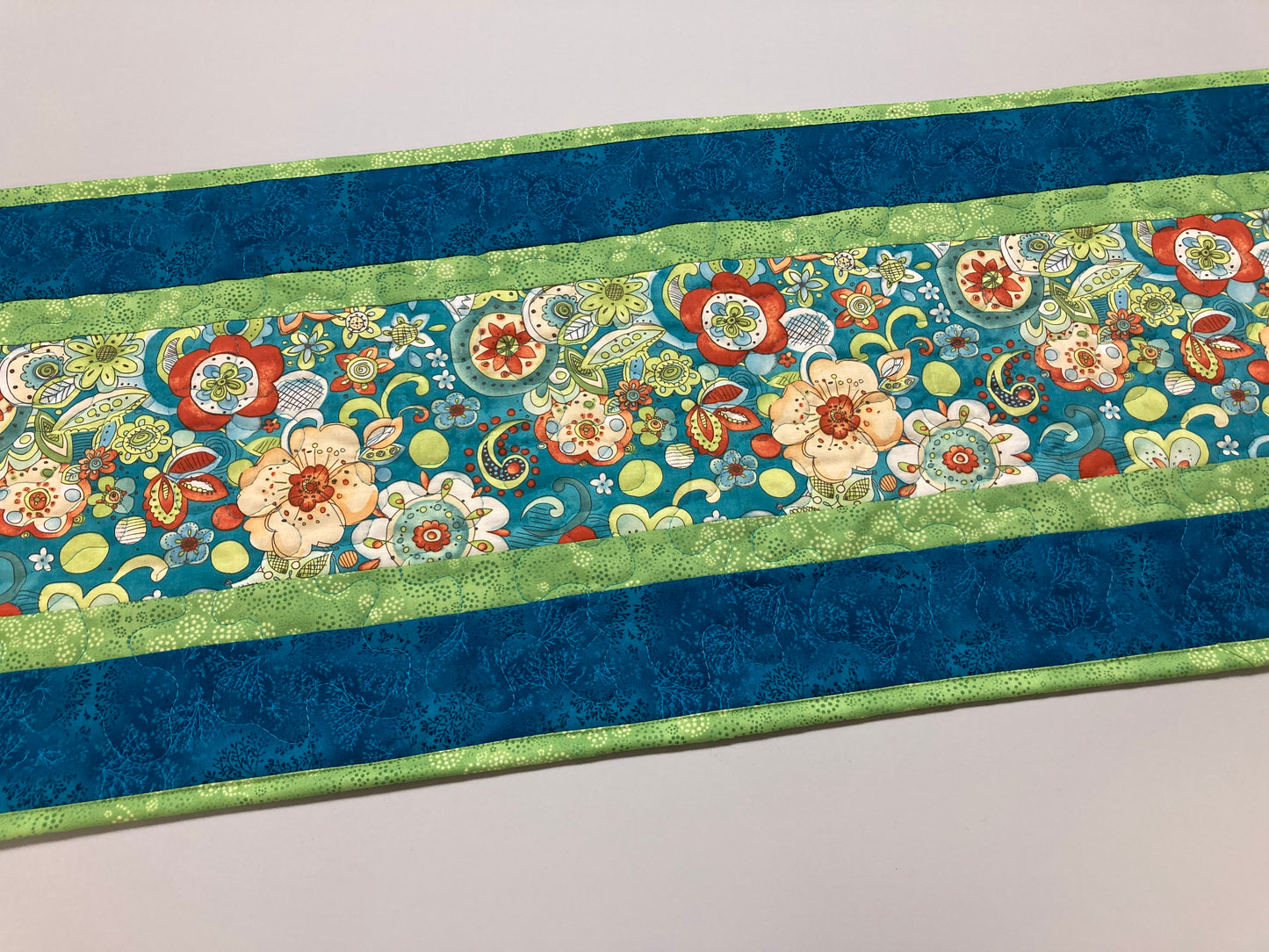 Blue Orange Paisley Flowers  Quilted Dining Table Runner, Summer Reversible 13x48" Coffee Dining Table Buffet, Everyday Bright Bold Colorful