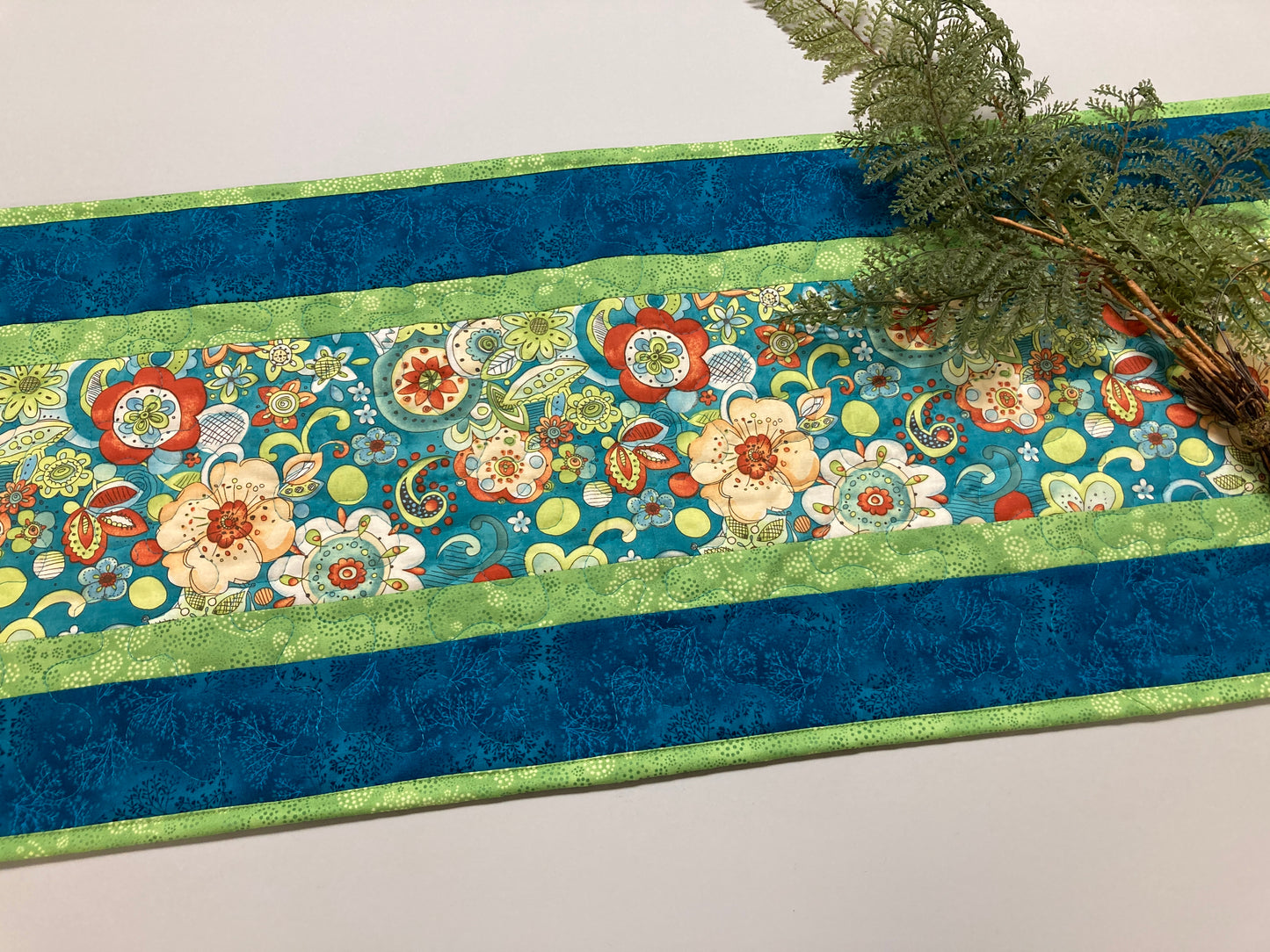 Blue Orange Paisley Flowers  Quilted Dining Table Runner, Summer Reversible 13x48" Coffee Dining Table Buffet, Everyday Bright Bold Colorful