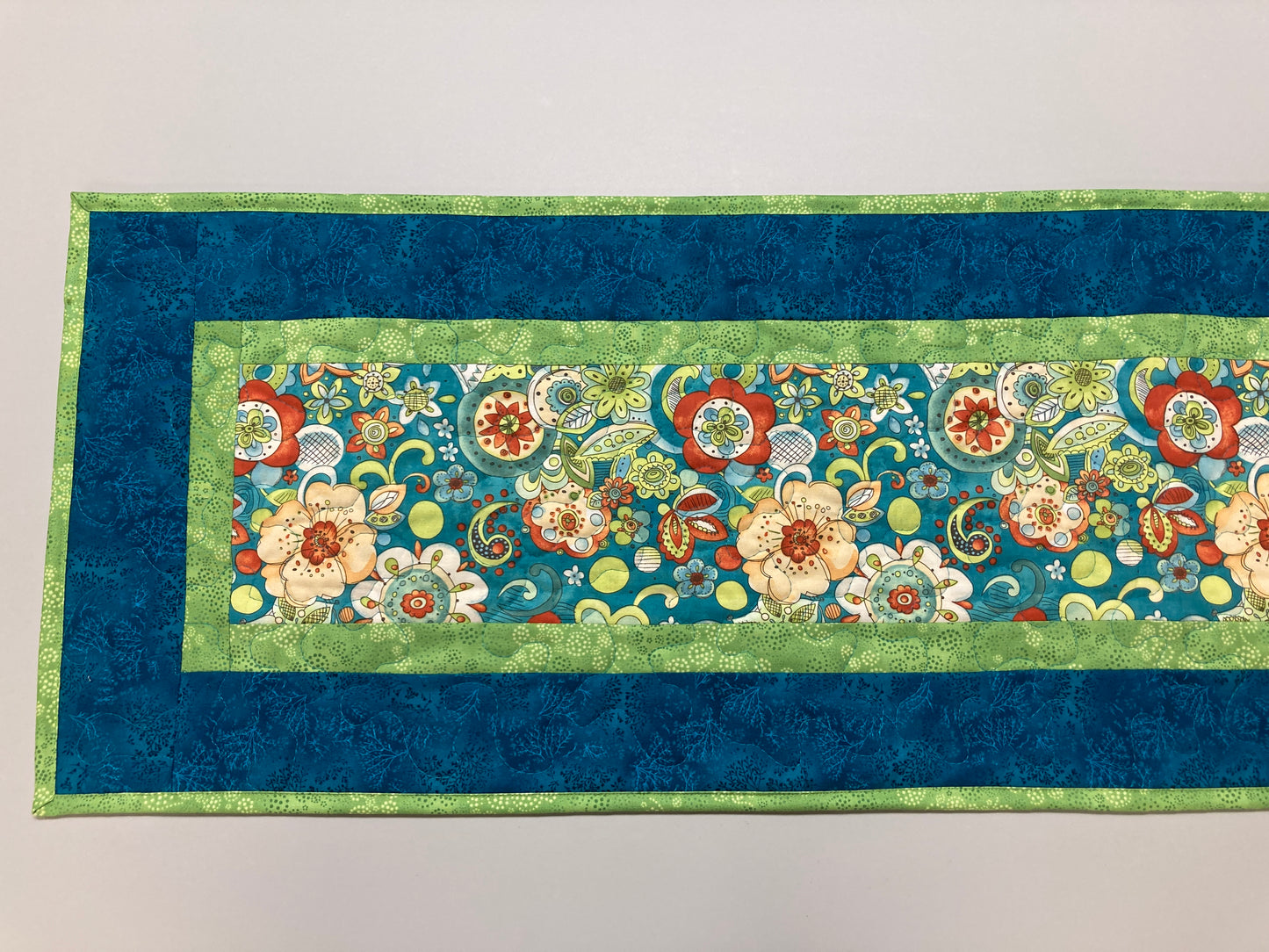 Blue Orange Paisley Flowers  Quilted Dining Table Runner, Summer Reversible 13x48" Coffee Dining Table Buffet, Everyday Bright Bold Colorful