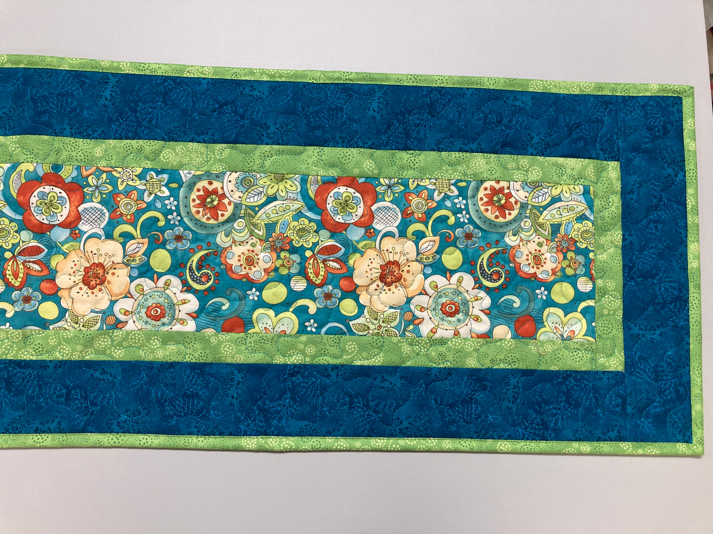 Blue Orange Paisley Flowers  Quilted Dining Table Runner, Summer Reversible 13x48" Coffee Dining Table Buffet, Everyday Bright Bold Colorful