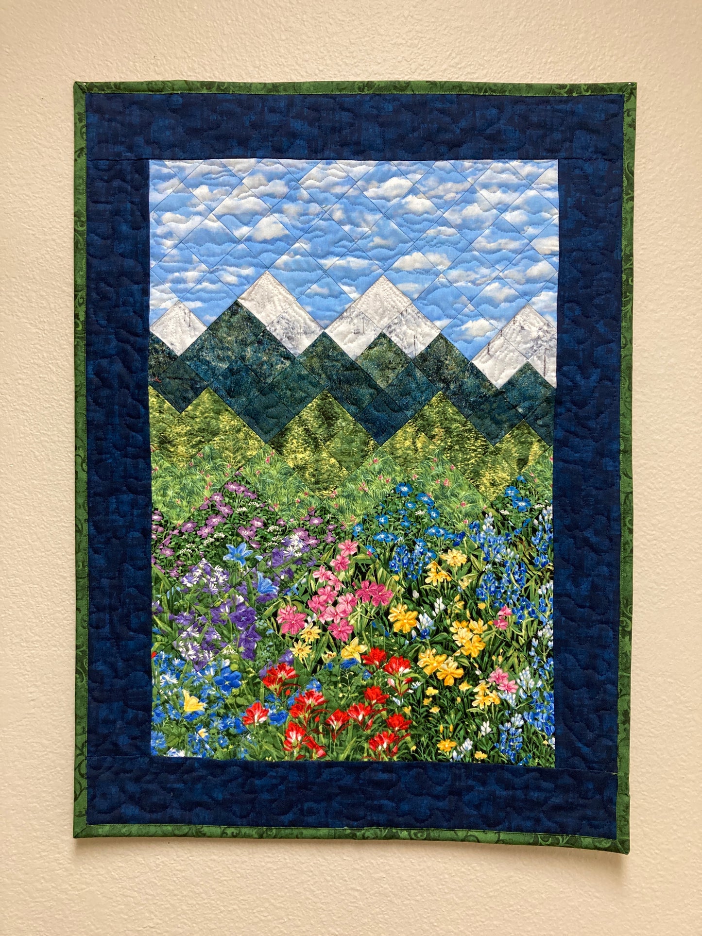 Snowy Peaks Mountain Quilt Art Fabric Wall Hanging, Landscape Textile Art 21x28” Vertical Tapestry Summer Alpine Pink Yellow Flowers Artwork