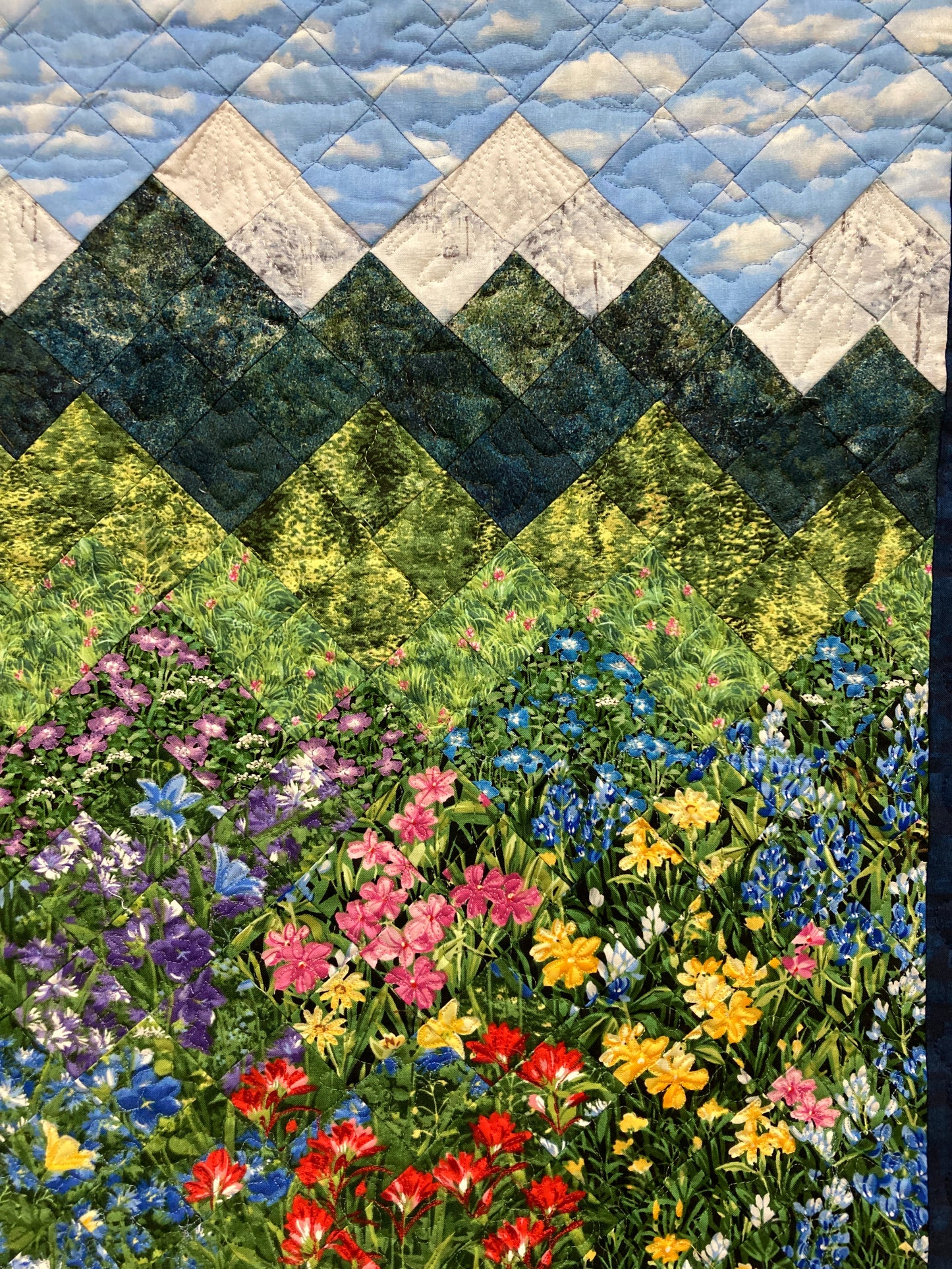 Snowy Peaks Mountain Quilt Art Fabric Wall Hanging, Landscape Textile Art 21x28” Vertical Tapestry Summer Alpine Pink Yellow Flowers Artwork