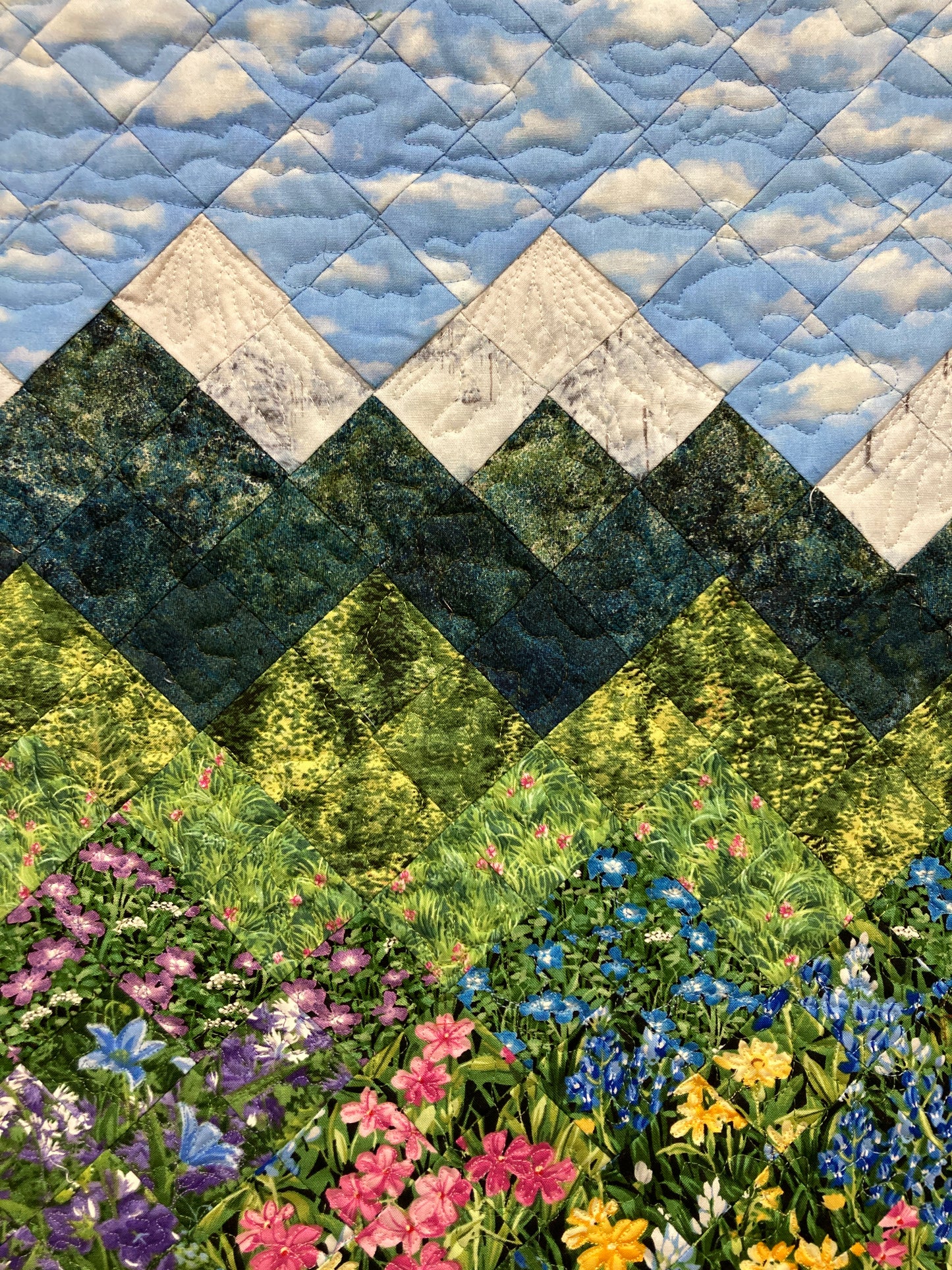 Snowy Peaks Mountain Quilt Art Fabric Wall Hanging, Landscape Textile Art 21x28” Vertical Tapestry Summer Alpine Pink Yellow Flowers Artwork