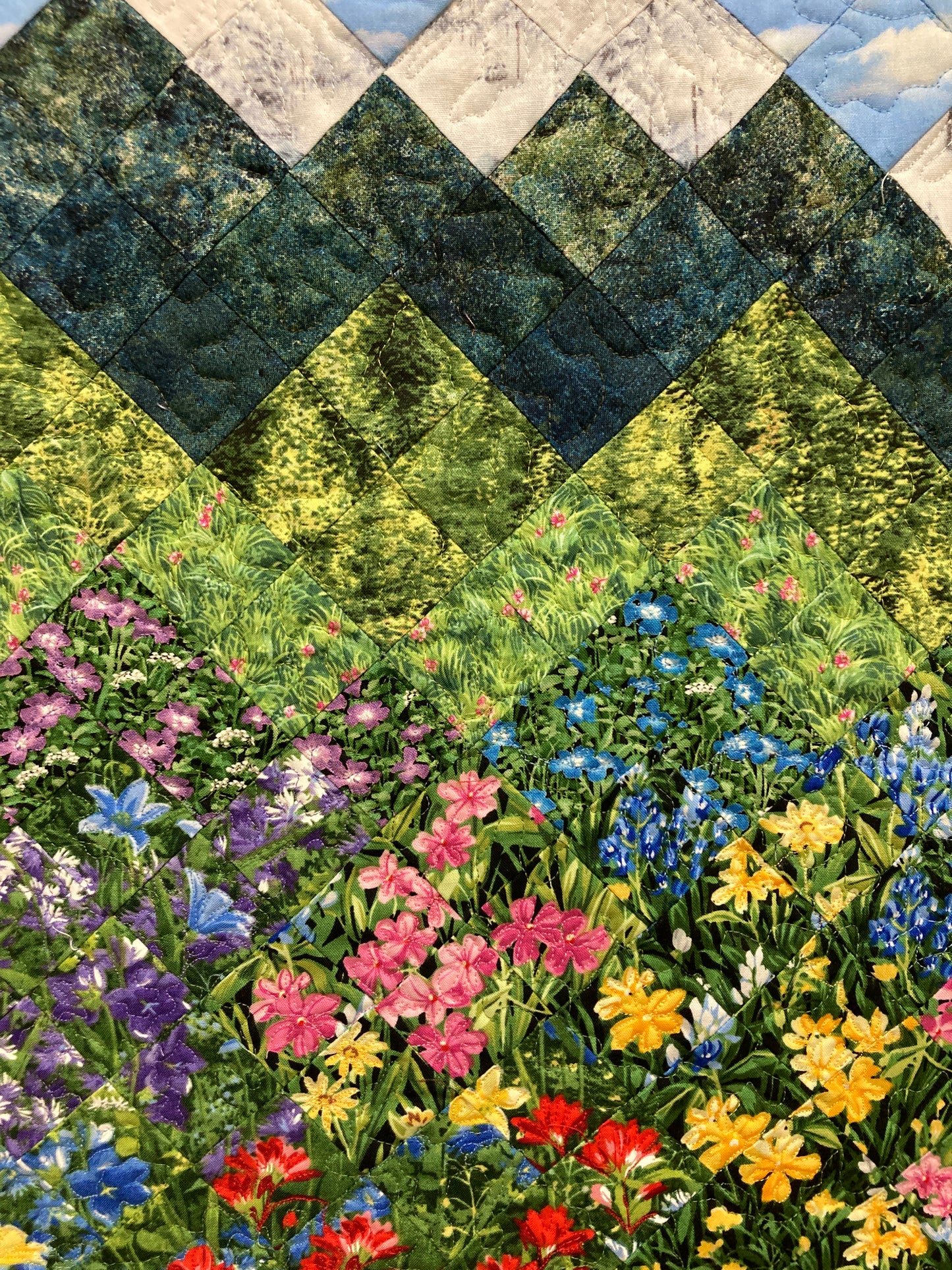 Snowy Peaks Mountain Quilt Art Fabric Wall Hanging, Landscape Textile Art 21x28” Vertical Tapestry Summer Alpine Pink Yellow Flowers Artwork