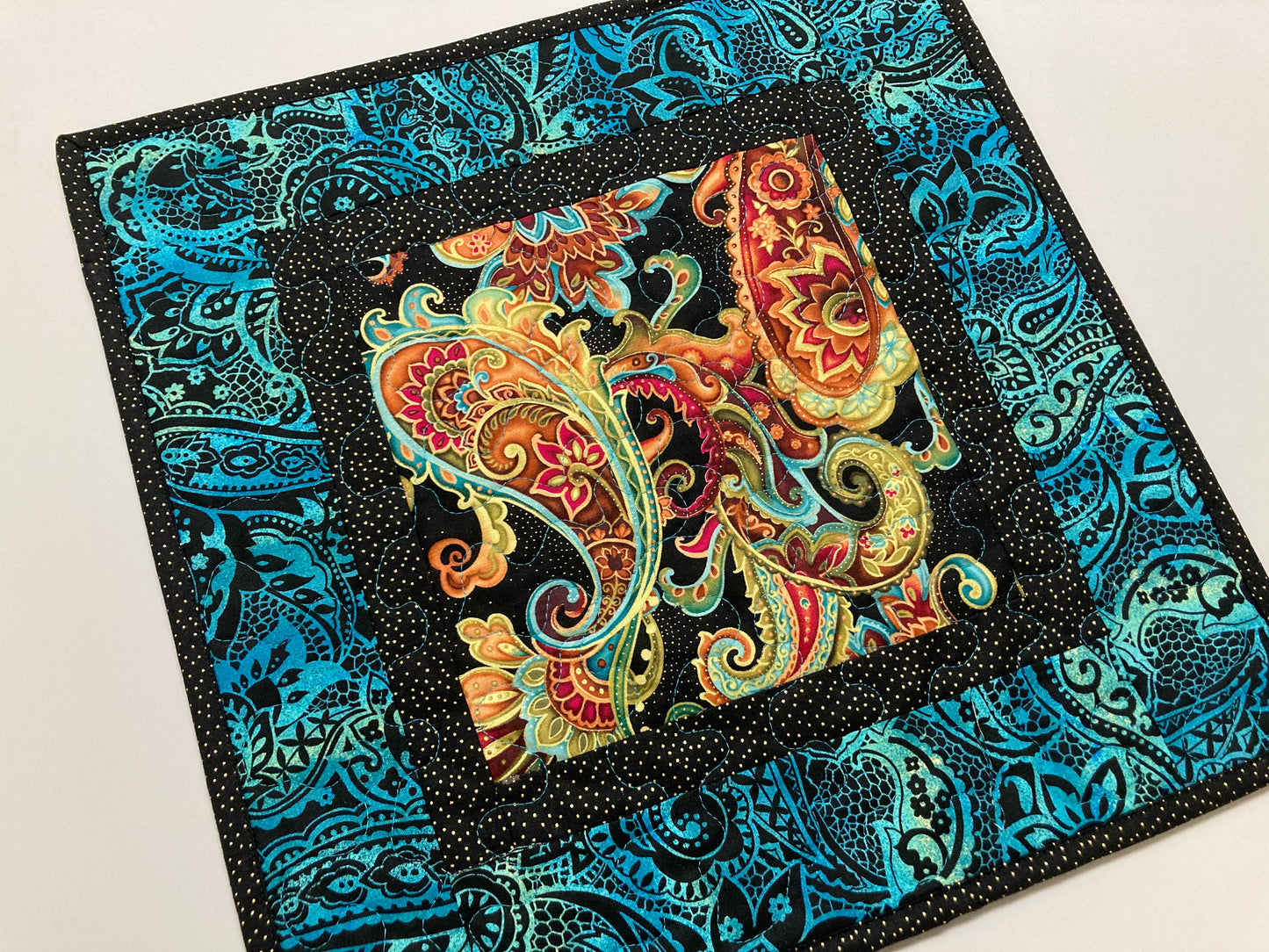 Quilted Table Topper Paisley Turquoise Red Gold, Reversible 16x16", Dining Coffee Table, Square End Table Nightstand Jewel Tones Boho