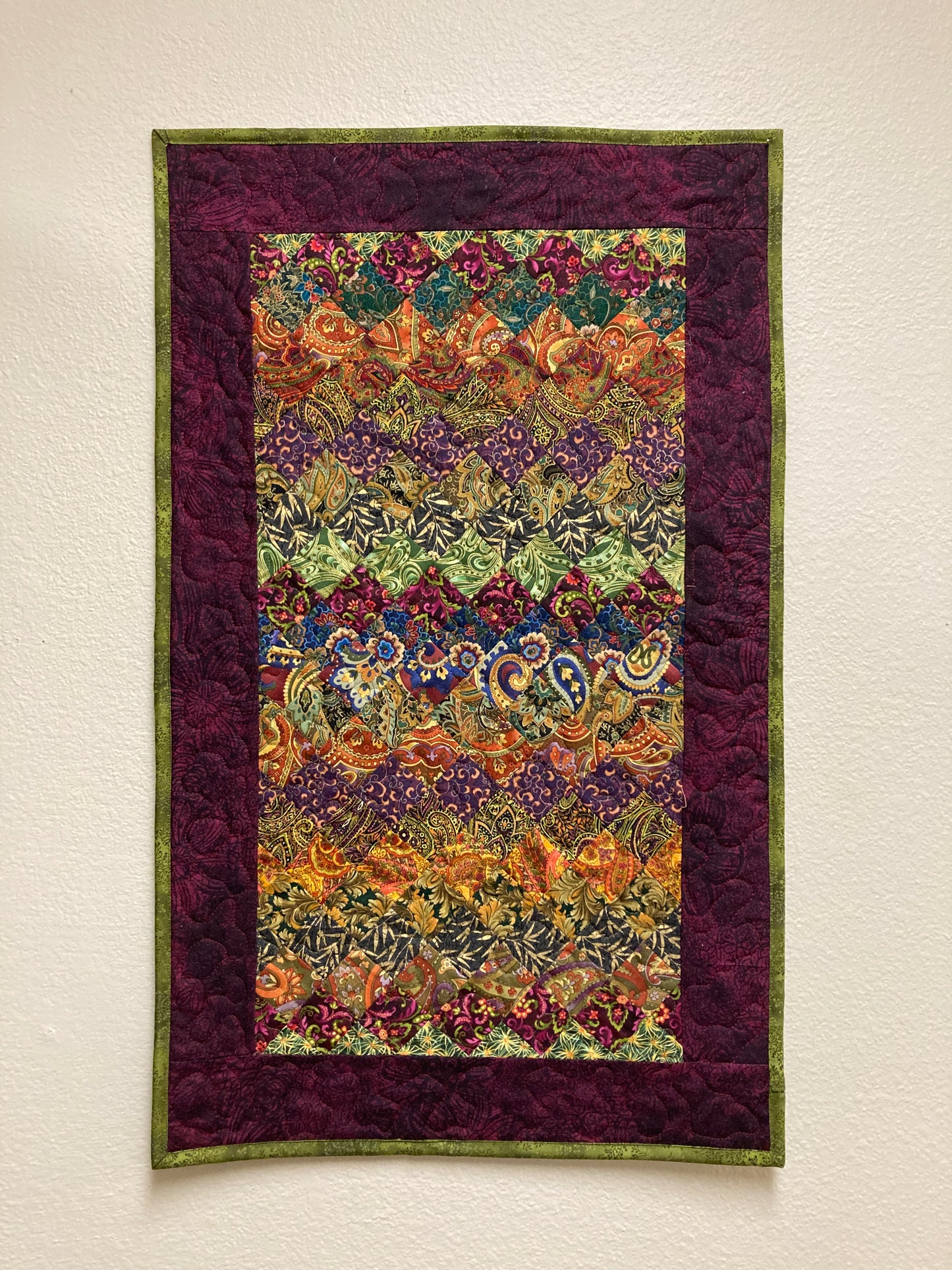 Art Quilt Plum Green Blue Bohemian Fabric Wall Hanging, Quilted 18x30" Paisley Vertical Textile Artwork, Table Runner Dresser Scarf Handmade