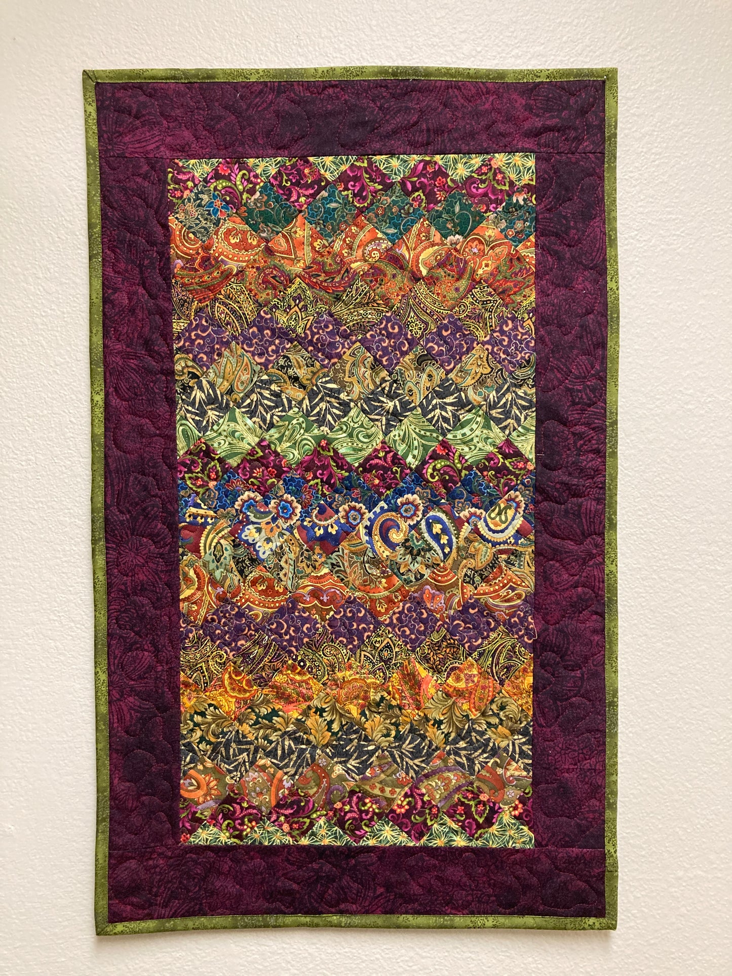 Art Quilt Plum Green Blue Bohemian Fabric Wall Hanging, Quilted 18x30" Paisley Vertical Textile Artwork, Table Runner Dresser Scarf Handmade