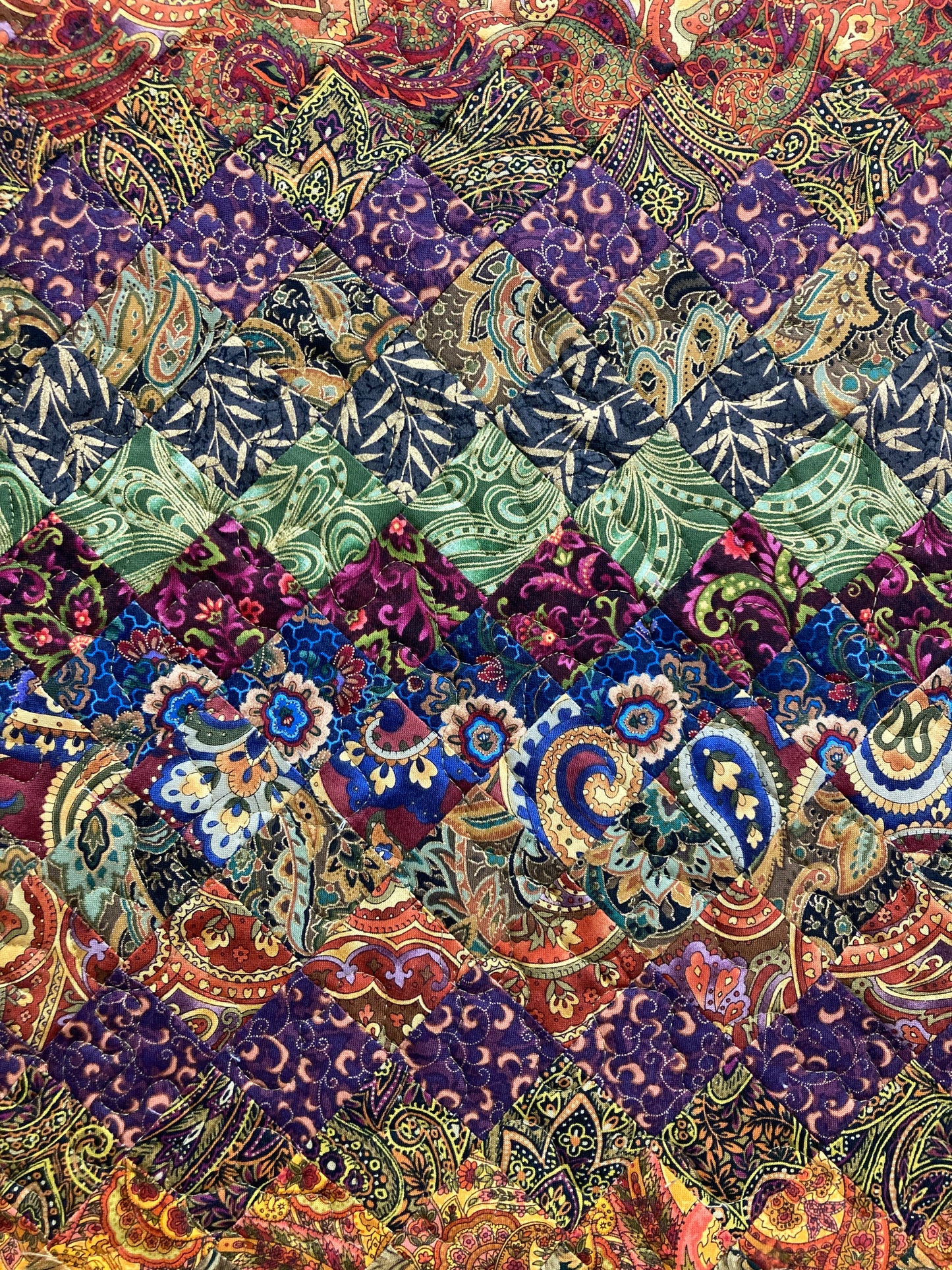 Art Quilt Plum Green Blue Bohemian Fabric Wall Hanging, Quilted 18x30" Paisley Vertical Textile Artwork, Table Runner Dresser Scarf Handmade