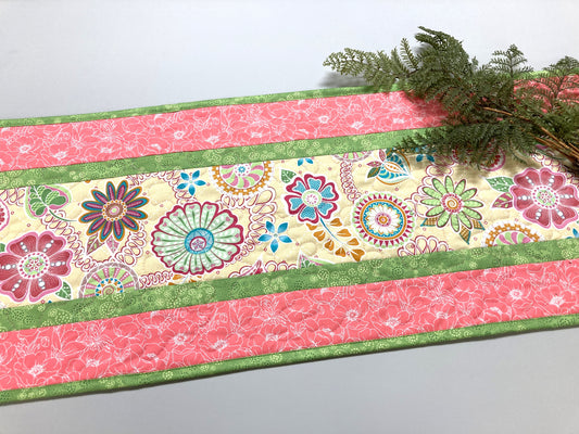 Spring Pink Yellow Blue Flowers  Quilted Table Runner, Dining Coffee Table, Reversible 13x48" Easter Garden Floral Nature Bright Summer