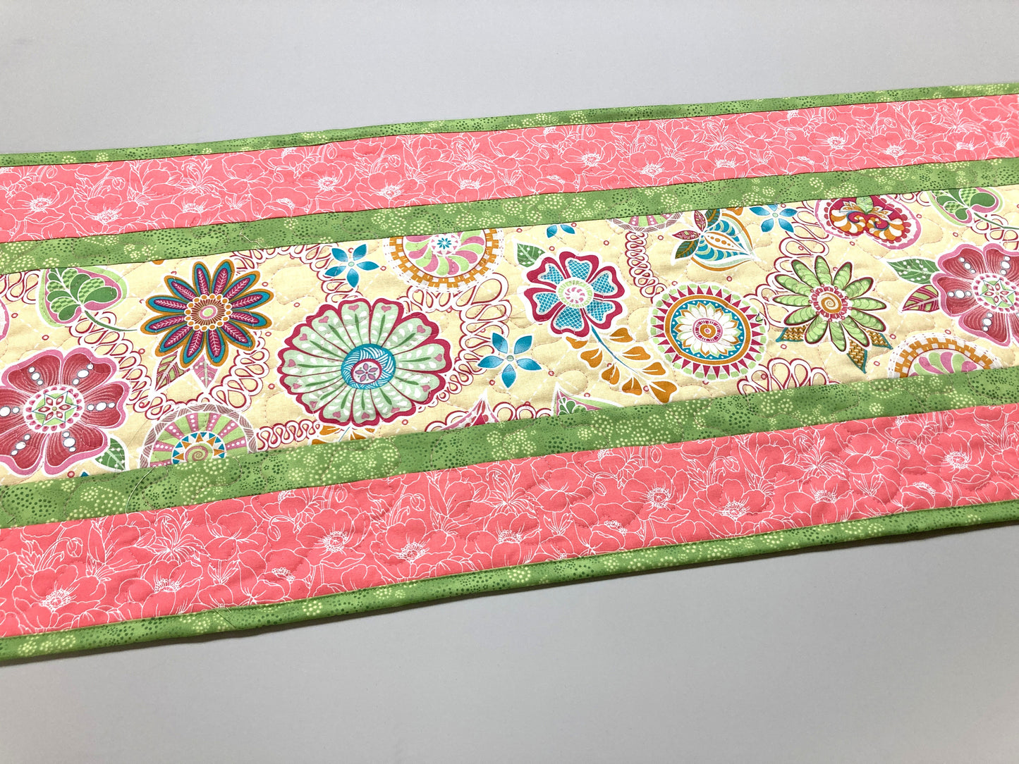 Spring Pink Yellow Blue Flowers  Quilted Table Runner, Dining Coffee Table, Reversible 13x48" Easter Garden Floral Nature Bright Summer