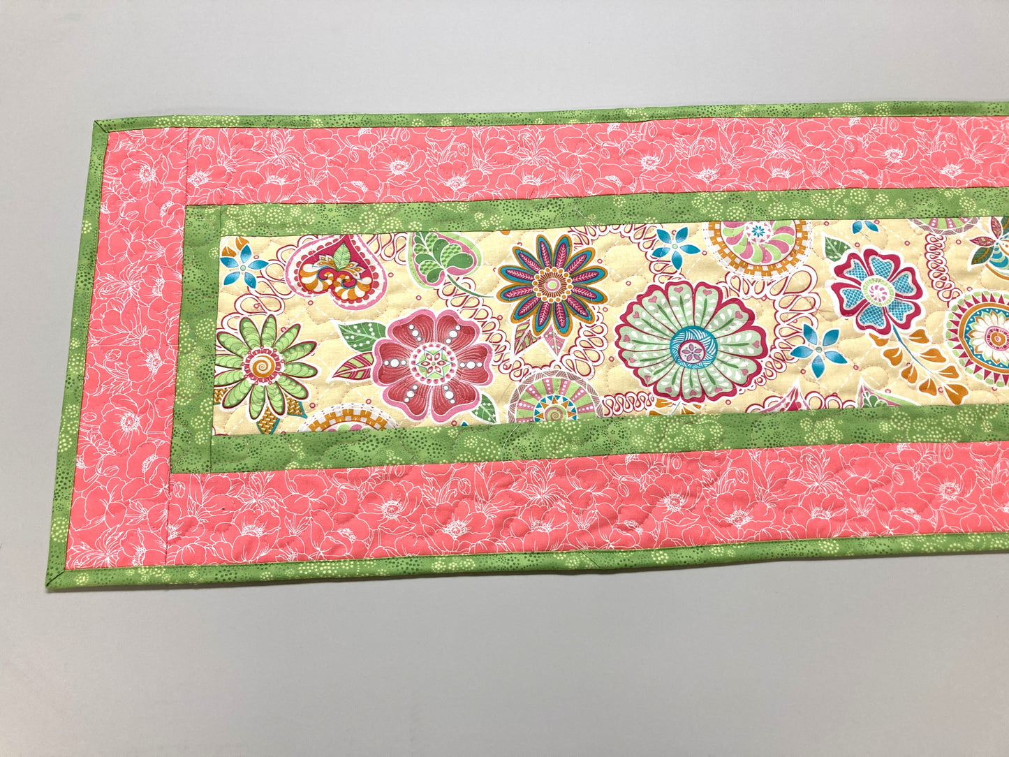 Spring Pink Yellow Blue Flowers  Quilted Table Runner, Dining Coffee Table, Reversible 13x48" Easter Garden Floral Nature Bright Summer