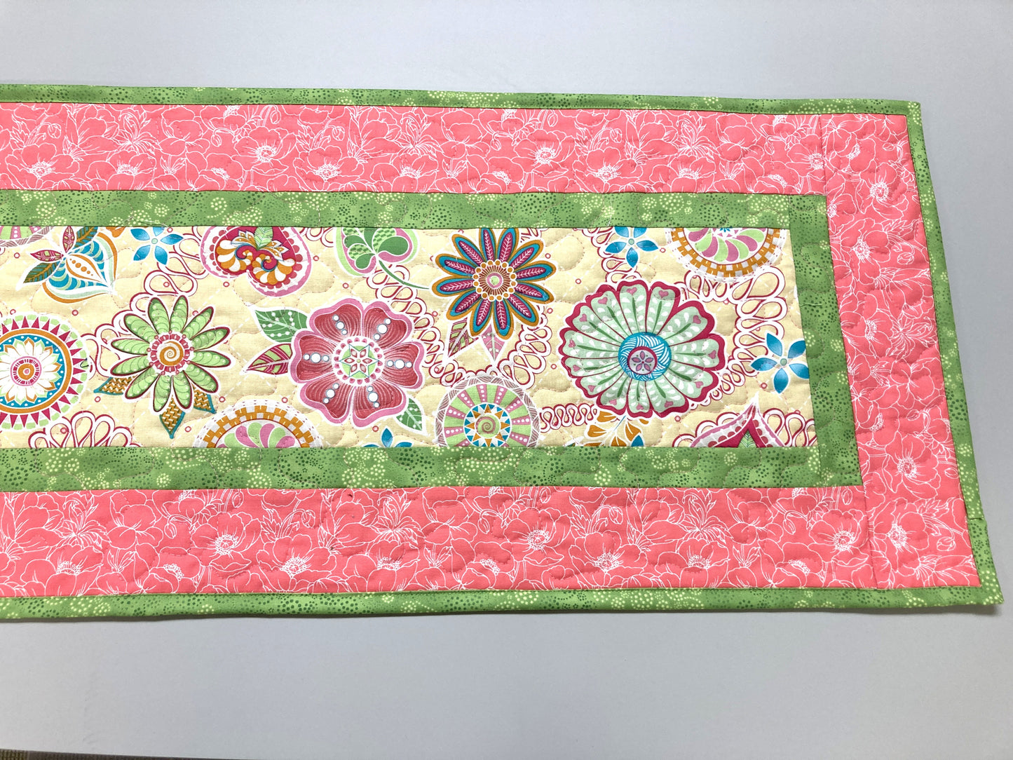 Spring Pink Yellow Blue Flowers  Quilted Table Runner, Dining Coffee Table, Reversible 13x48" Easter Garden Floral Nature Bright Summer