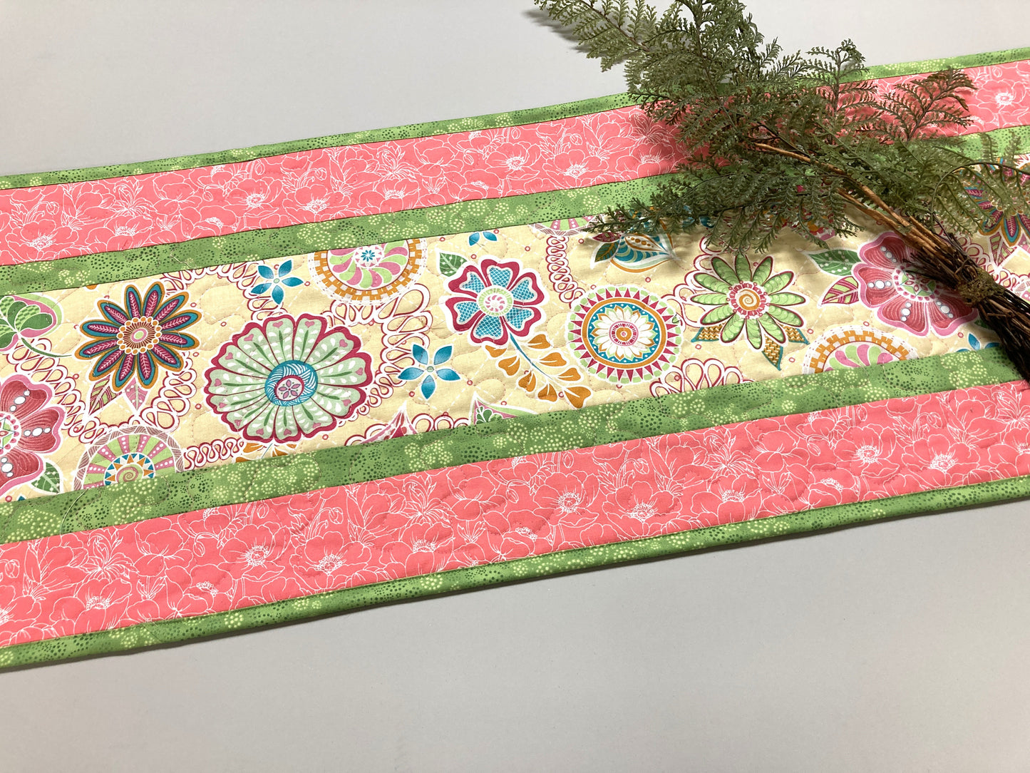 Spring Pink Yellow Blue Flowers  Quilted Table Runner, Dining Coffee Table, Reversible 13x48" Easter Garden Floral Nature Bright Summer